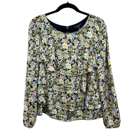 Brooks Brothers Womens Floral Silk Blouse Tiered Long Sleeves‎ Green Blue Size 6 - Picture 1 of 5
